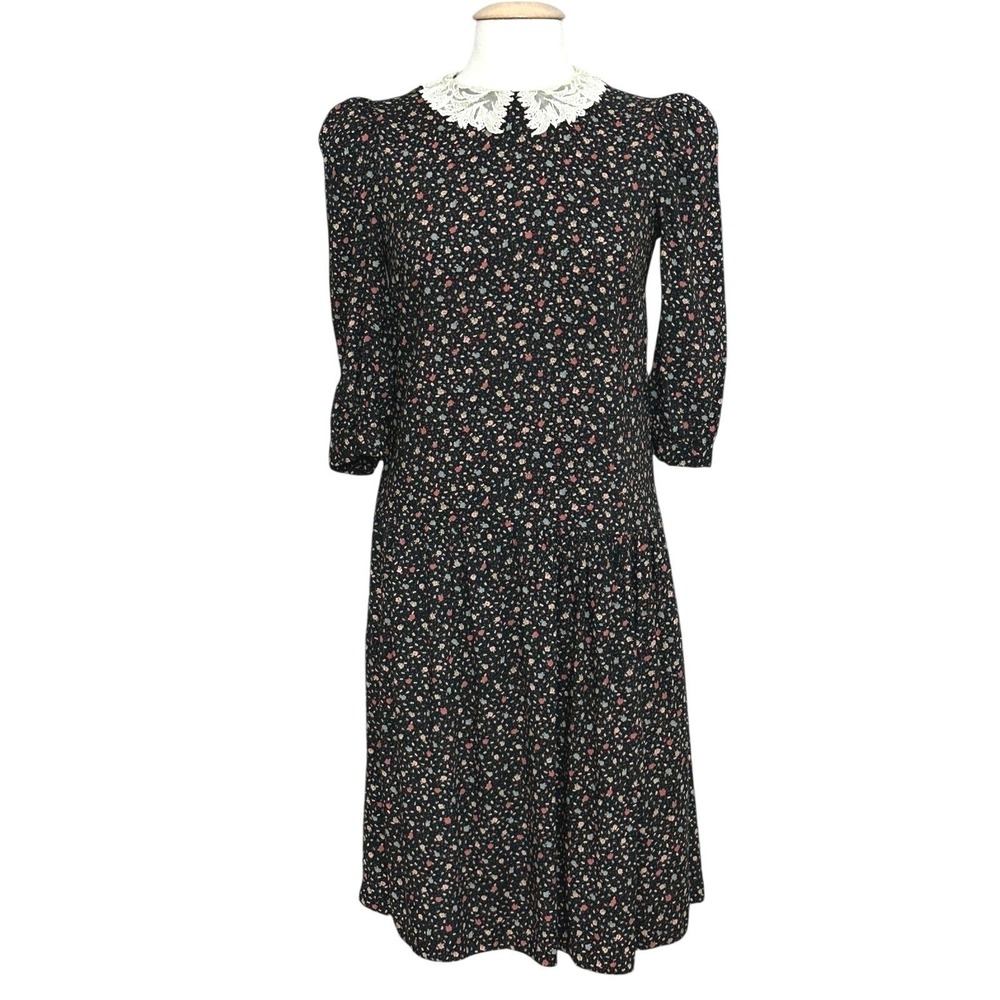 VTG 80s 90s Womens Dress 10 Ditsy Floral Lace Peter Pan Collar Modest Prairie